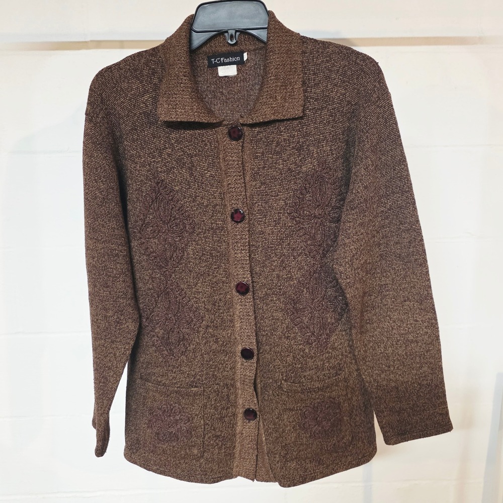 Vintage XL T-C Fashion Brown Marl Knit Cardigan Soutache Embroidered Buttoned